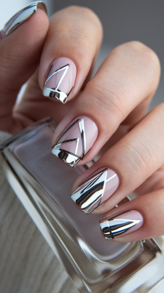 Reflective silver chrome nails with bare sections for a modern negative space design.
