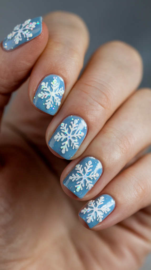 Light blue nails with intricately painted white snowflakes and iridescent glitter for a magical, wintry effect.
