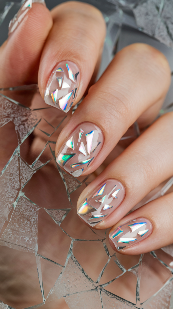 Nails with holographic silver fragments arranged to create a shattered glass effect.
