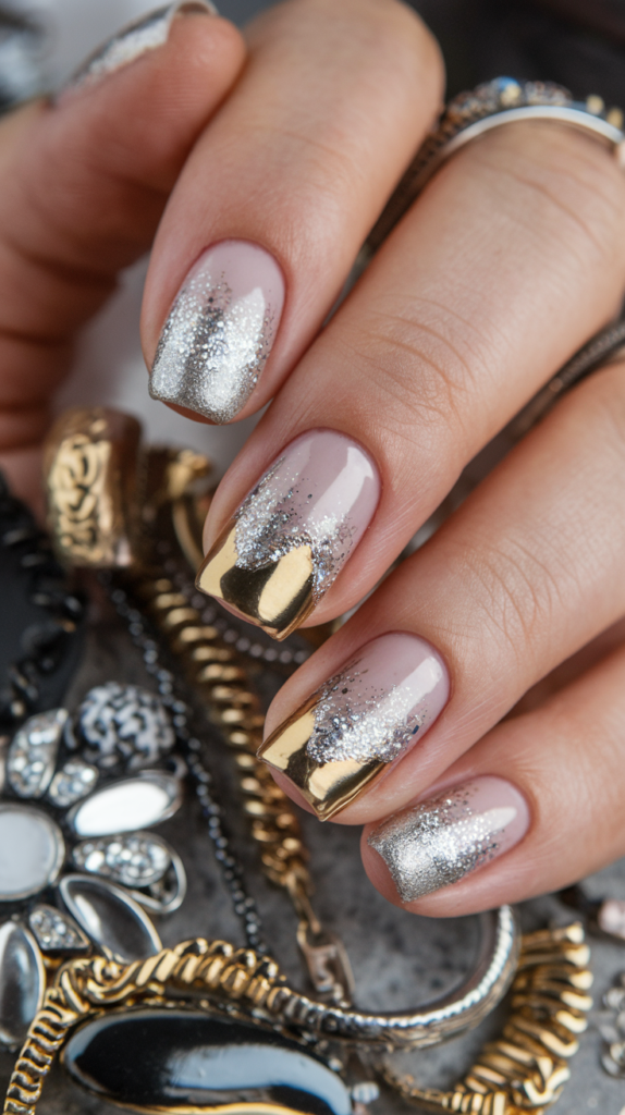 Nails blending metallic silver and gold elements in stripes, ombre, or geometric patterns.
