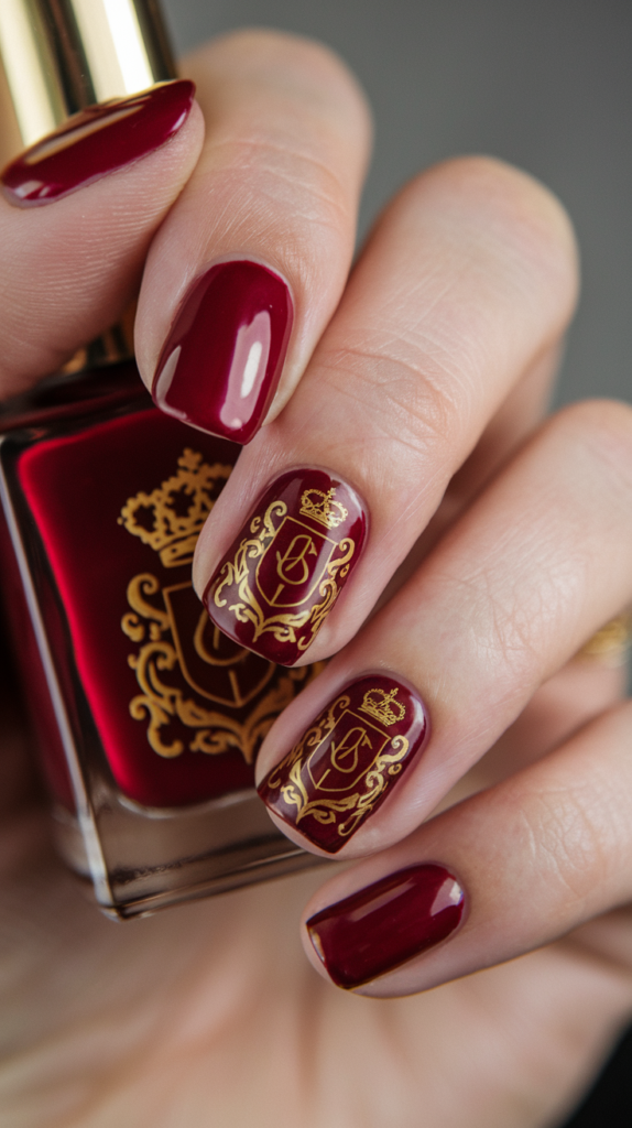 Red nails with a gold royal crest design on the accent nail, resembling a classic family emblem.

