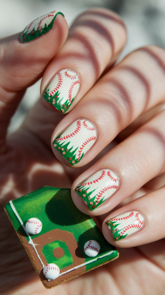 Intricate green nails designed as a miniature baseball diamond with detailed bases and pathways