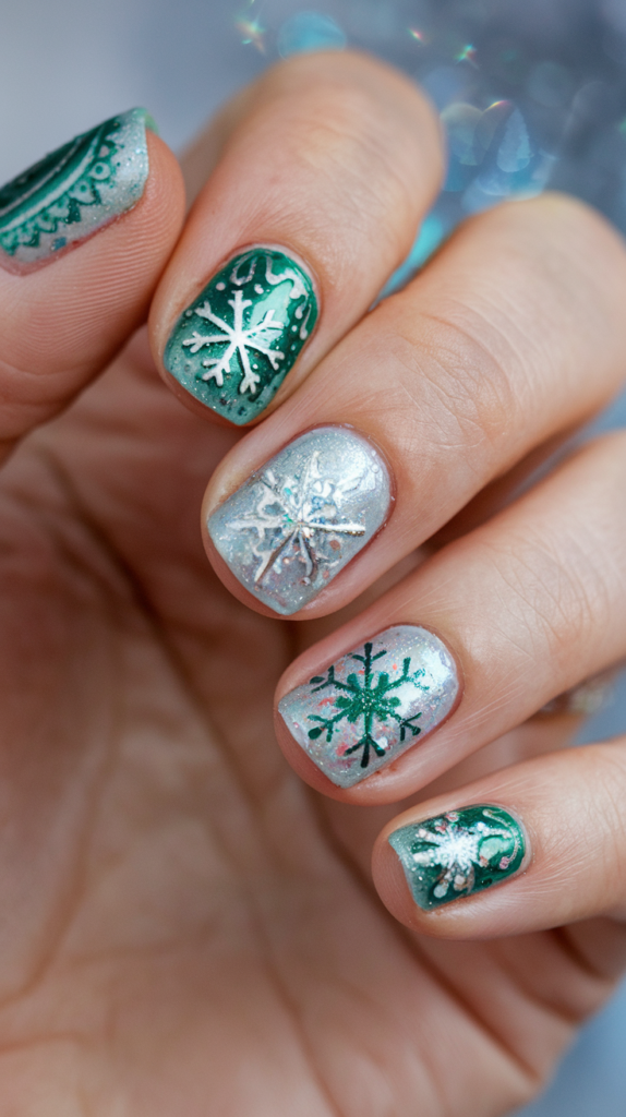 Nails featuring portraits of Anna and Elsa, surrounded by glittery snowflakes and icy blue gradients for a wintery theme.