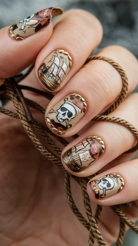 Nails with skull-and-crossbones designs, treasure maps, pirate ships, and textured finishes in earthy tones with metallic gold highlights.