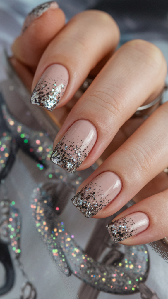 Nails with silver glitter concentrated around the cuticles for a reverse French manicure style.