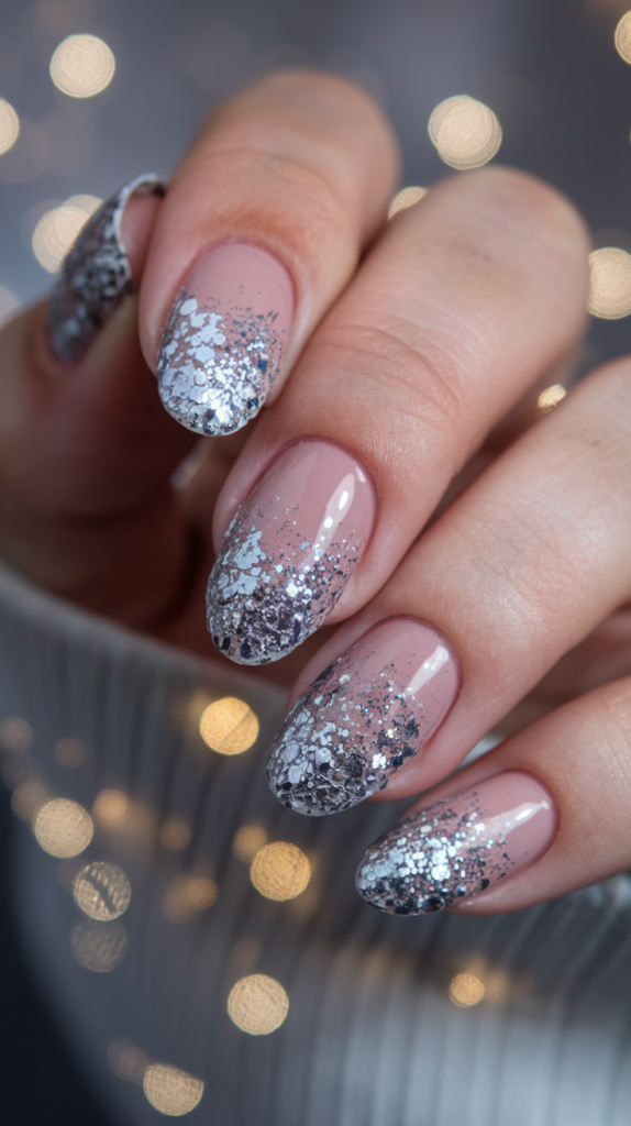  Nails transitioning from a nude base to sparkling silver glitter tips with a seamless gradient effect.