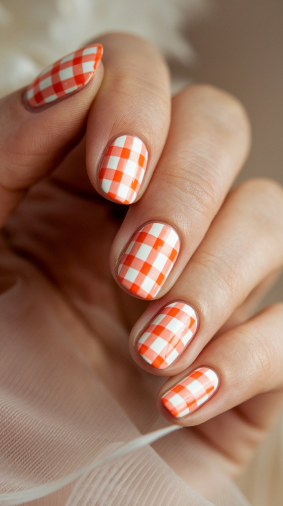 Soft pastel orange nails with white swirls, creating a retro-inspired design.
