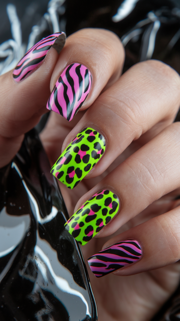 Zebra stripes and leopard spots in neon pink and lime green on a black base for a funky twist.

