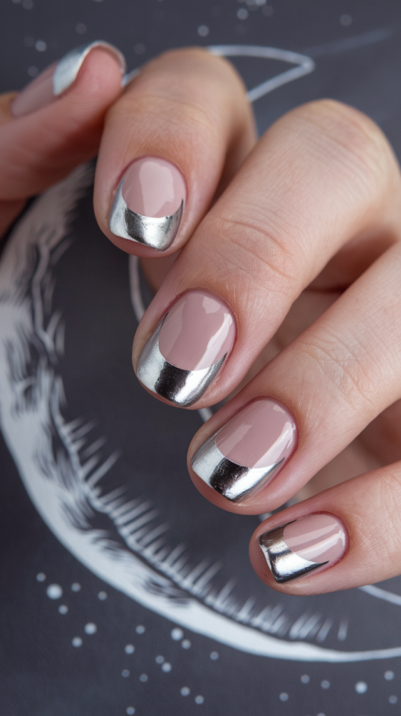 Nude nails with crescent-shaped metallic silver accents at the base for a reverse French design.
