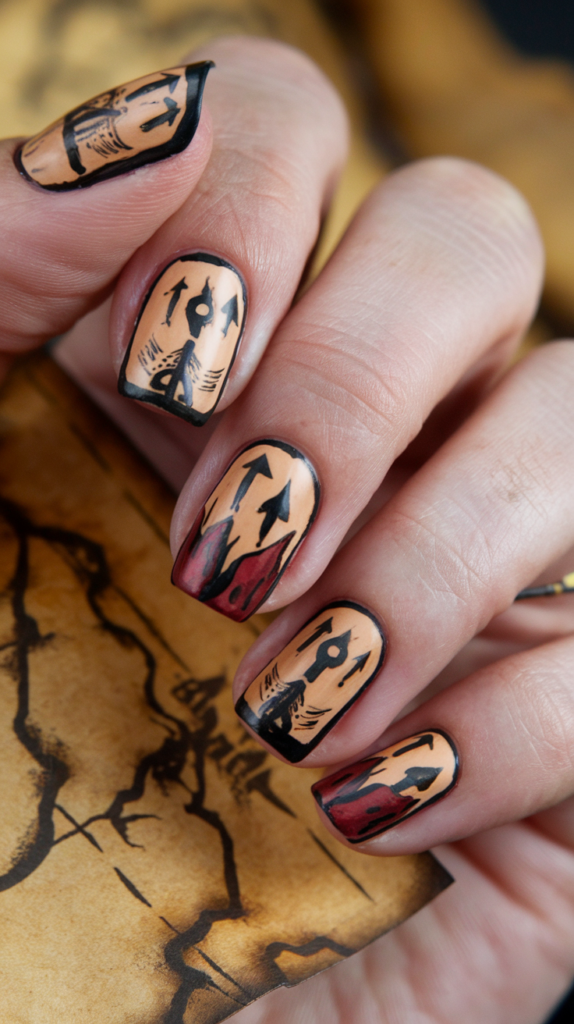 Adventure game-inspired nails with arrows, medieval map patterns, and sepia tones for an old-world feel