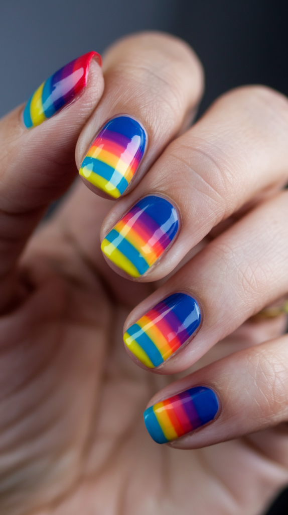 Horizontal rainbow stripes in bold primary colors on a white base for a cheerful retro statement.

