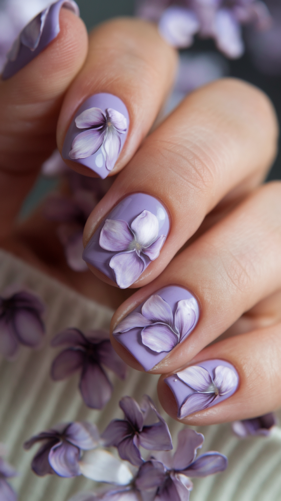 Nails with a soft violet base and three-dimensional flower petal designs in darker violet, adding texture and dimension.

