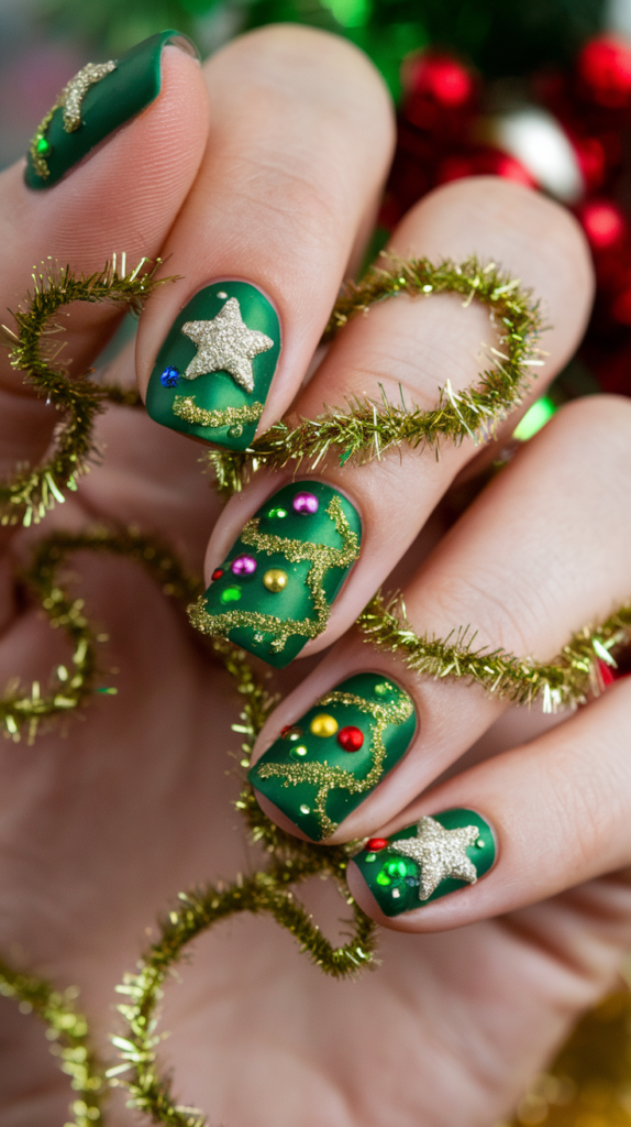 Green nails decorated like Christmas trees with gold tinsel, colorful ornaments, and a star on top.
