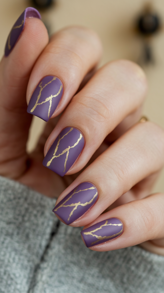 Matte violet nails with fine, metallic gold lines crossing the surface, creating a chic, minimalist look.

