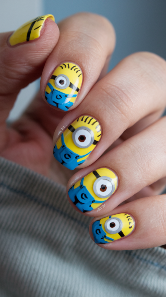 Bright yellow nails with hand-painted Minion faces, googly eyes, and playful expressions on a glossy background.