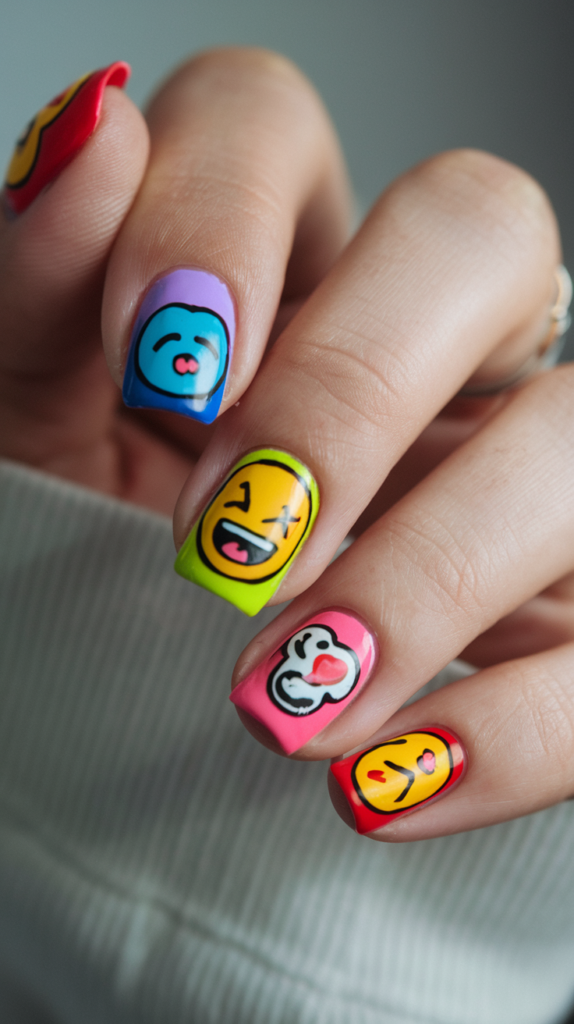 Nail art featuring streaming platform logos, emotes, and holographic details for a playful, lively look