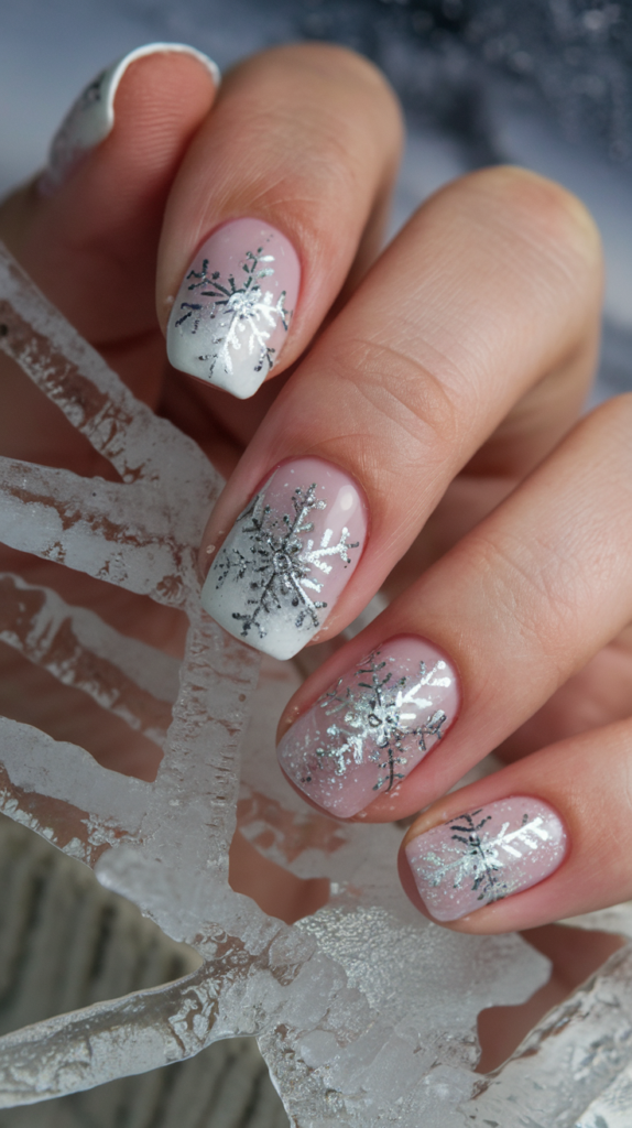 Frosty white nails decorated with intricate silver snowflake patterns for a wintery theme.