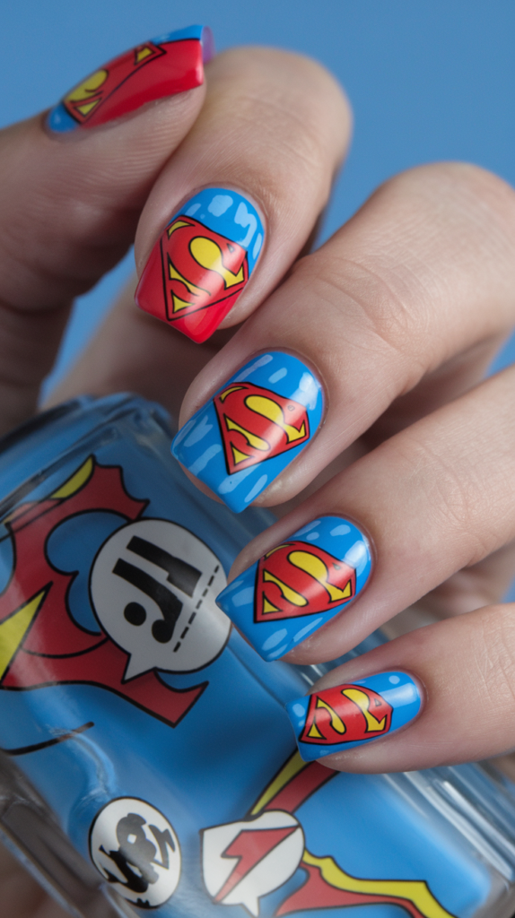 Nails with a sky-blue base, featuring the Superman logo in red and yellow, comic strip patterns, and glossy finishes for a bold look.