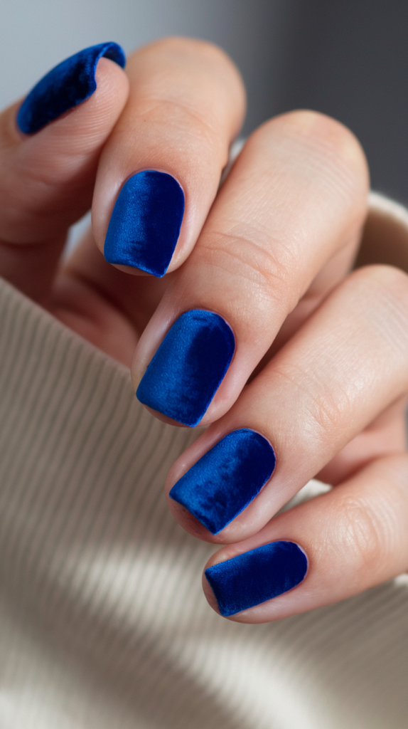 Velvet-finished nails in deep royal blue, providing a plush, luxurious appearance.

