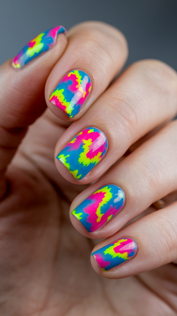 Vibrant tie-dye nail design featuring bold swirls of pink, blue, green, and yellow for a funky, hypnotic look.

