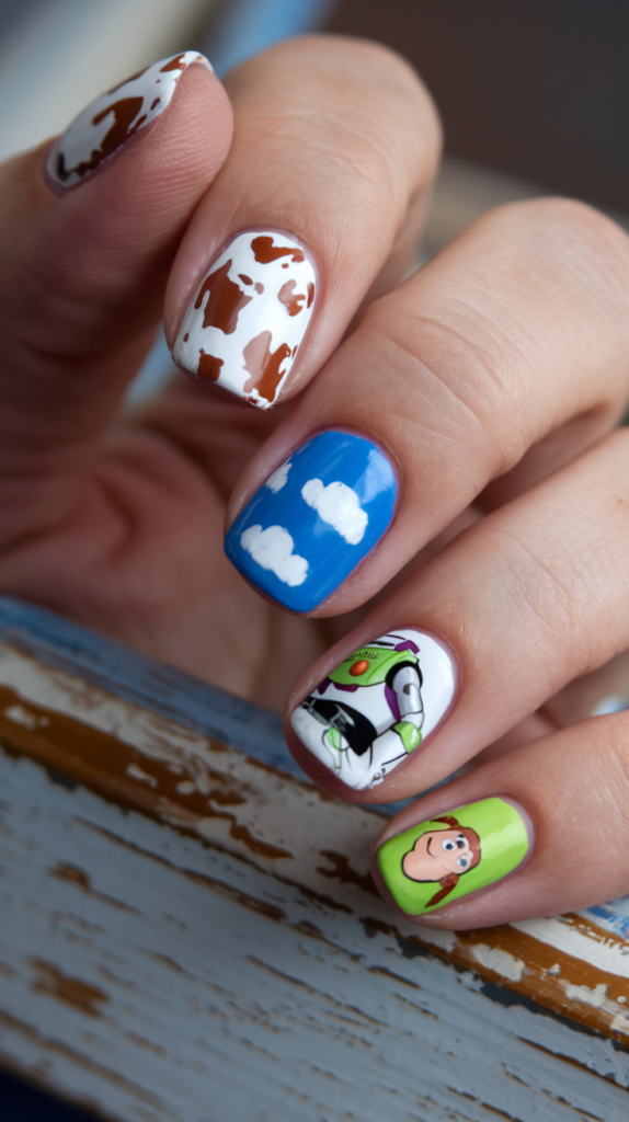 Nails with Woody’s cowboy hat and plaid patterns, Buzz Lightyear’s space gear, and cloud motifs in vibrant, glossy colors.