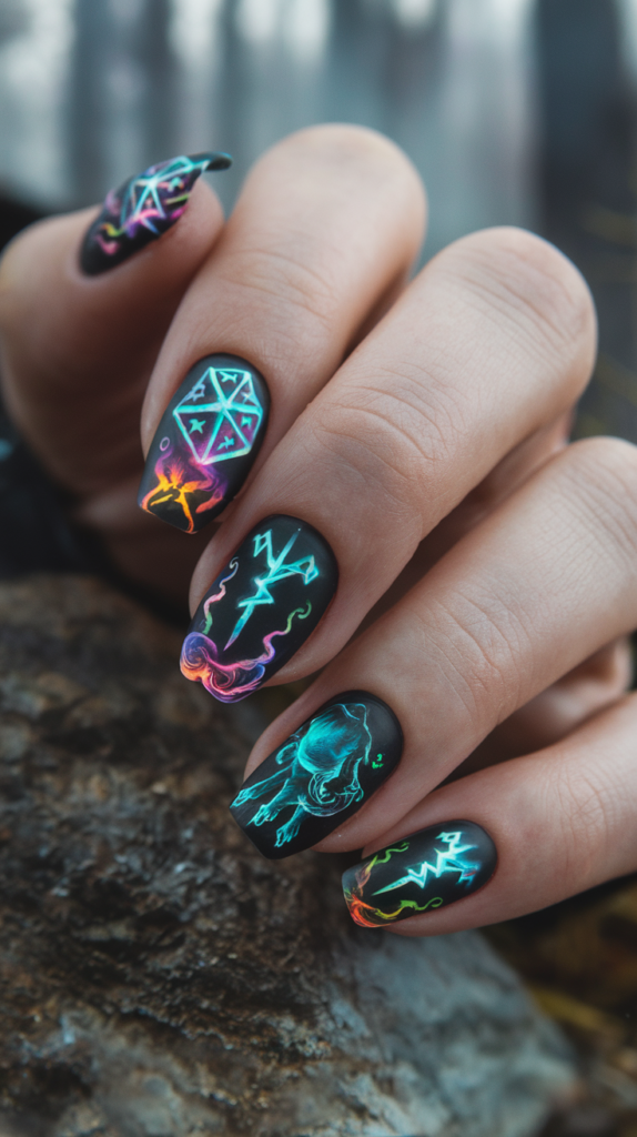 Dark, mystical nail art with dice, spell runes, and mythical creatures, complete with glow-in-the-dark elements