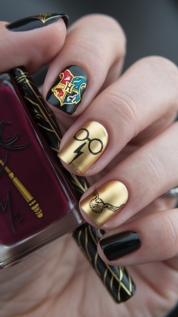 Nails featuring the Hogwarts crest, Harry’s glasses with a lightning bolt, wands, and intricate spell symbols on a burgundy and gold color scheme.