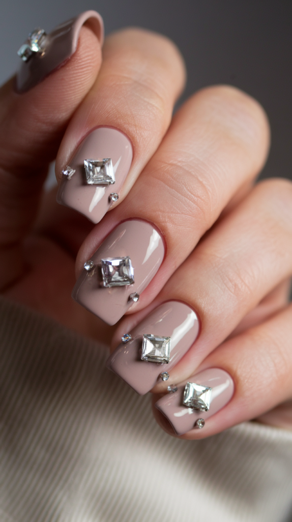 Nails with a neutral, sheer base and diamond accents on the tips, adding a glamorous, chic touch with a high-gloss finish for New Year’s festivities