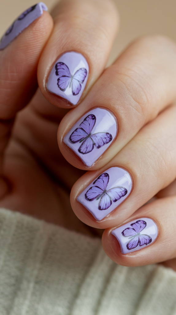 Soft lavender nails adorned with tiny violet butterfly decals, creating a whimsical, delicate appearance.

