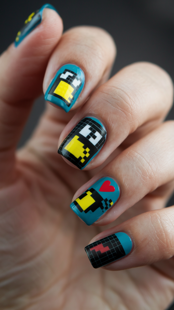 Retro gaming-inspired nails featuring pixelated Pac-Man, ghosts, and 8-bit hearts on a black base.

