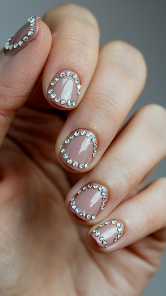 Nails with a nude base and delicate crystals along the half-moon area, offering subtle, sparkling elegance.

