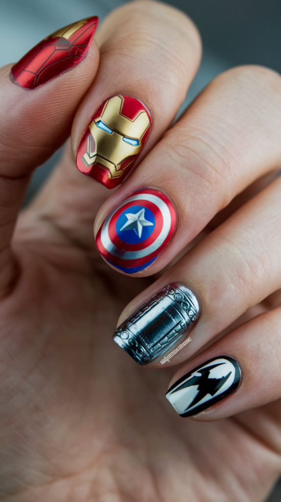 A nail set displaying Iron Man’s red and gold armor, Captain America’s shield, Thor’s hammer, and Black Widow’s sleek black-and-red logo on vibrant, glossy nails.