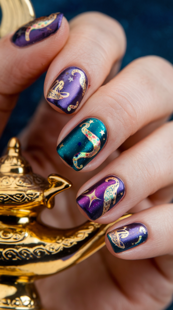 Nails with jewel-toned backgrounds, a golden genie lamp, intricate magic carpets, and crescent moon designs, finished with glitter.