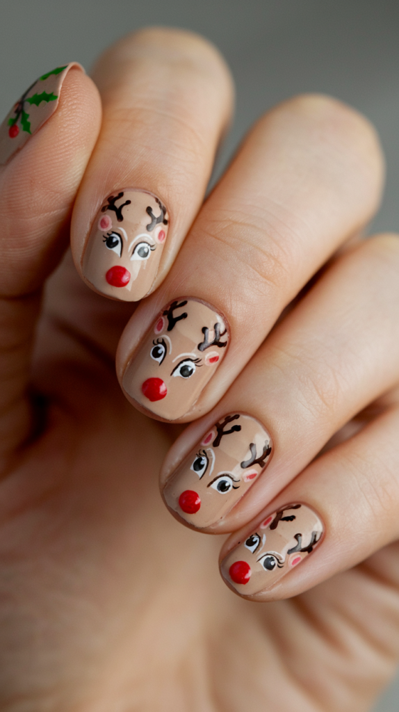 Brown and nude nails featuring cute reindeer faces with red noses and delicate antlers.
