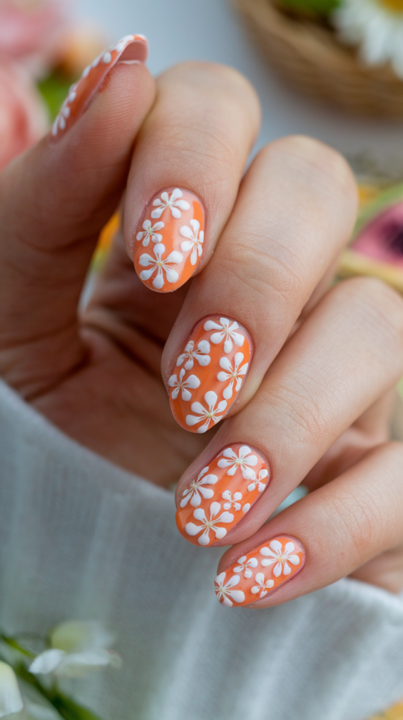 Cute and stylish orange and white gingham pattern on nails for a picnic-ready style.
