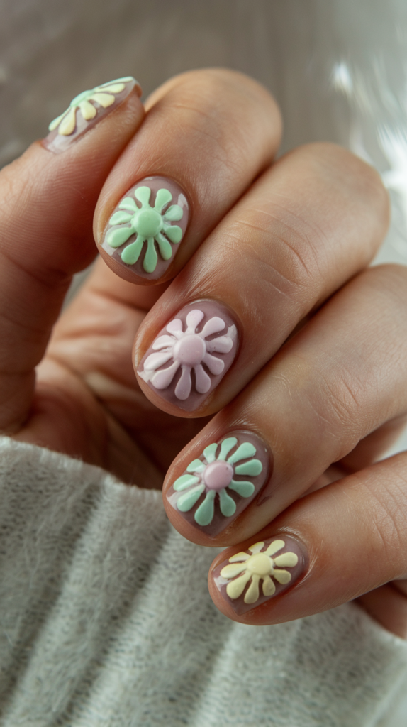 Pastel daisy nail art with soft pink and yellow petals, capturing the 70s flower power aesthetic.

