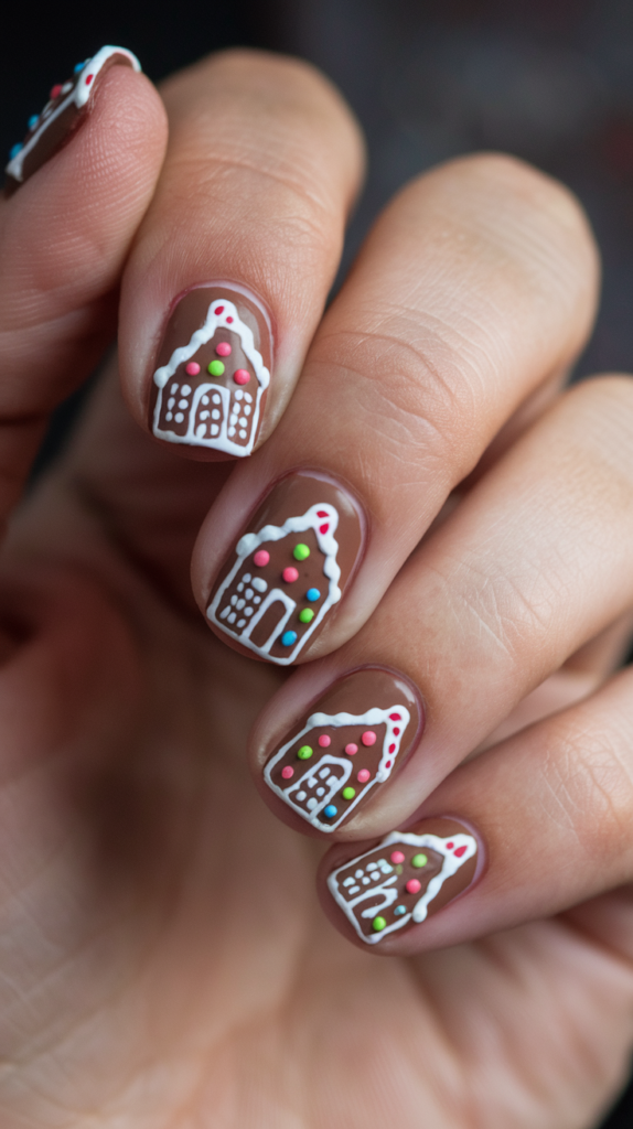 Warm brown nails with intricate gingerbread house details, including candy canes, gumdrops, and icing.
