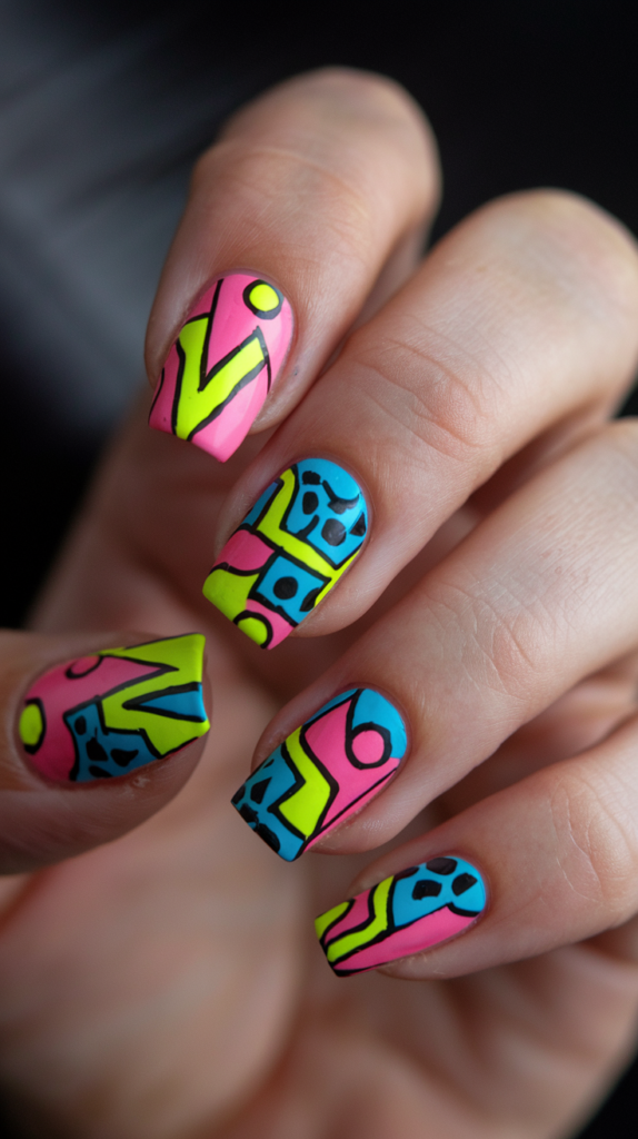 Nails featuring bold geometric shapes in neon pink, yellow, and teal, outlined in black for an 80s-inspired look.

