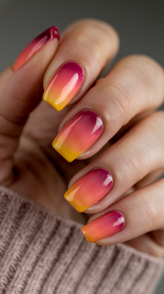 French manicure with gradient tips blending red, orange, and yellow shades for a sunset-inspired effect.

