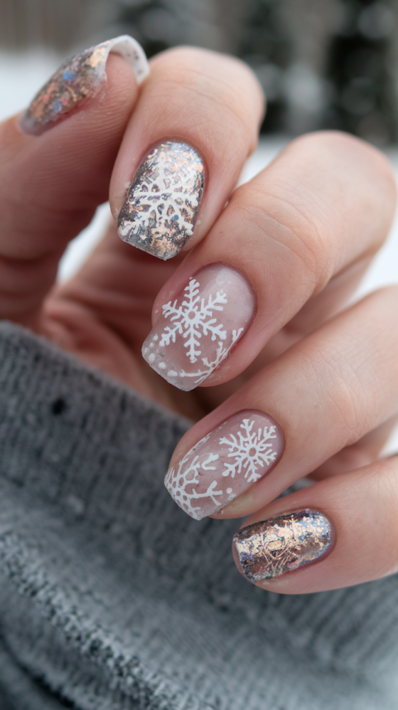 Full-glitter nails with intricate snowflake patterns and icy white details, finished with a frosty, glossy topcoat.