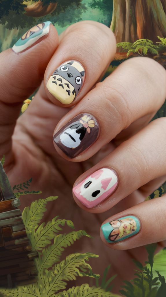 Nails featuring Totoro’s smiling face, Spirited Away’s No-Face, and soft pastel forest backgrounds with subtle glitter accents.