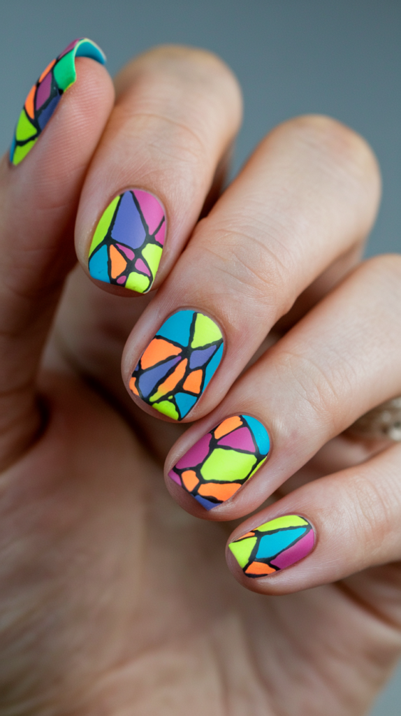 Low-poly, geometric nail art with neon colors and abstract shapes, capturing the essence of '90s gaming graphics