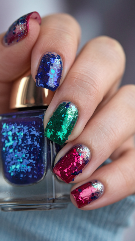 Gradient nails with jewel-toned glitter inspired by royal crowns, featuring shades of emerald, ruby, and sapphire.

