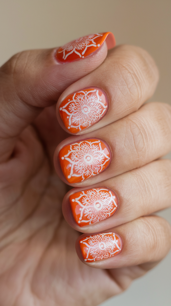 Intricate white mandala designs over an orange base for a bohemian-inspired look.
