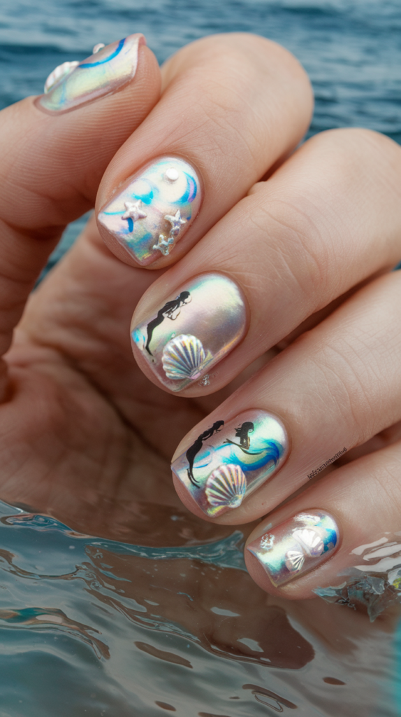 Nails with teal and blue ocean waves, Ariel’s silhouette in shimmering silver, and seashell designs with iridescent finishes.