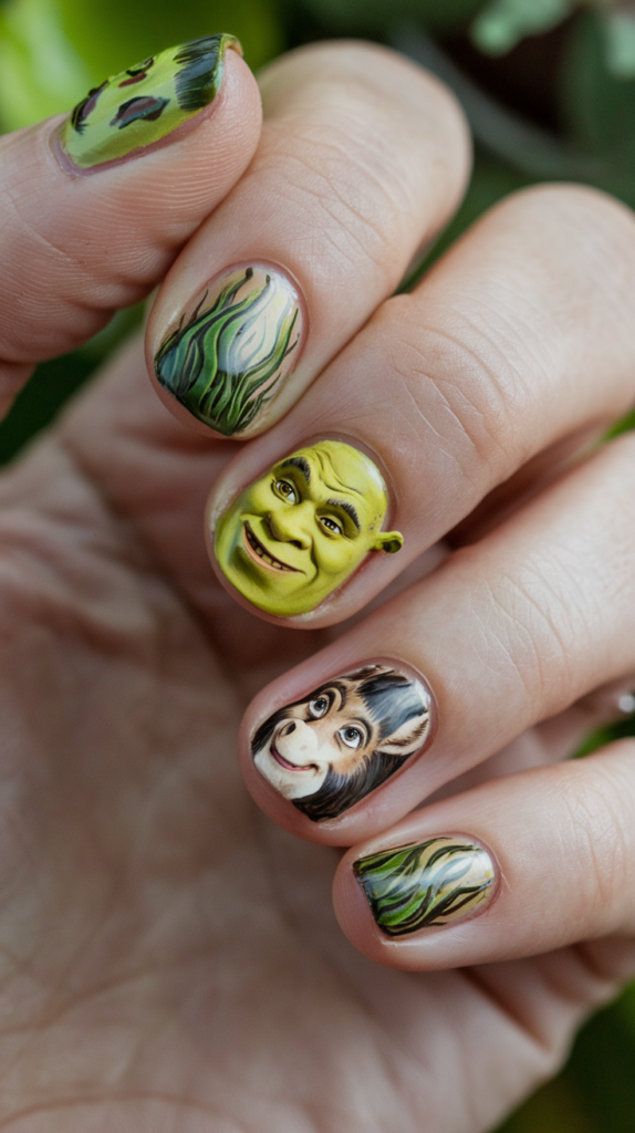 Nails with swampy green backgrounds, Shrek’s iconic ears, and Donkey-themed accents, highlighted with textured and glossy finishes.