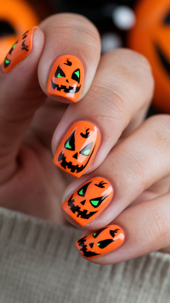 Reverse French manicure with a bold orange half-moon design near the cuticle.
