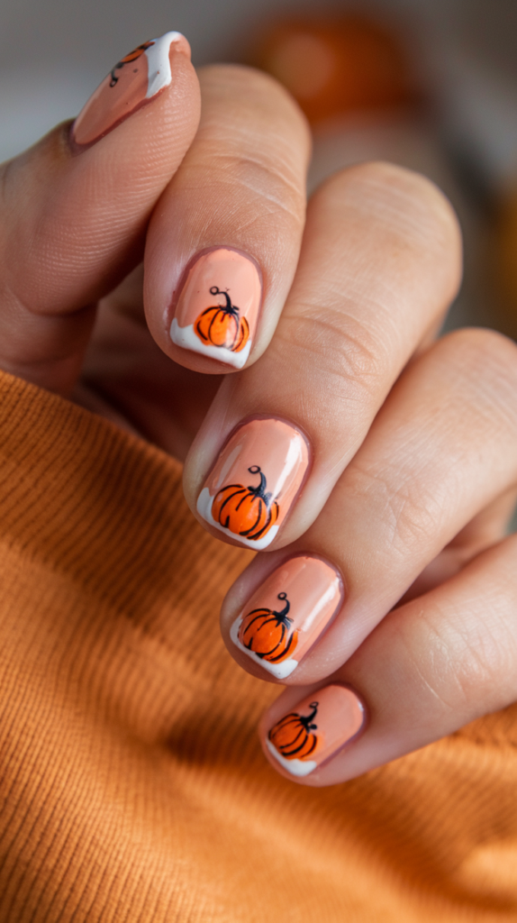 Autumn-inspired orange nails with tiny hand-painted pumpkin illustrations.
