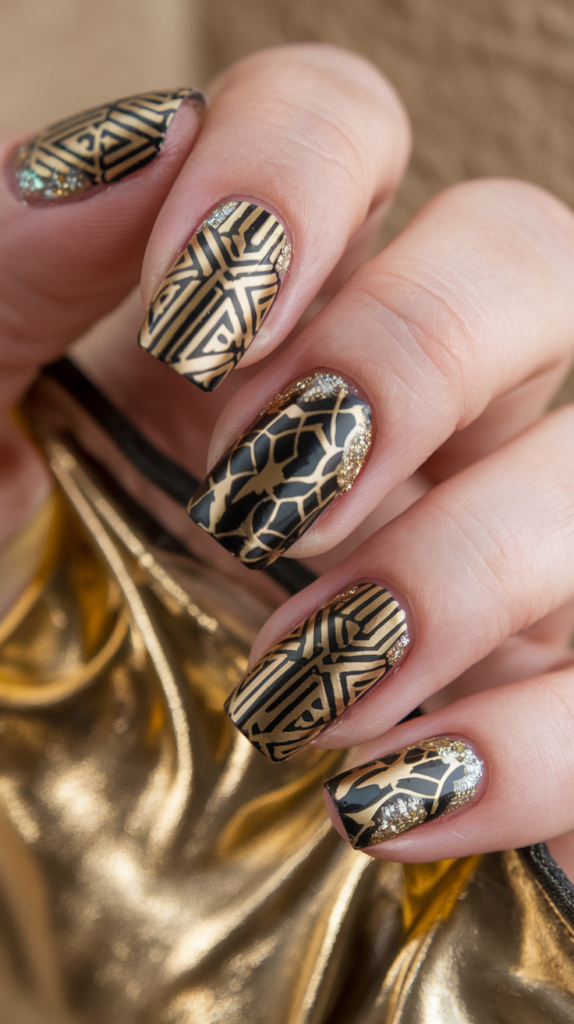 Nails with intricate art deco patterns in metallic gold against a glossy black base, exuding vintage sophistication and glamour.