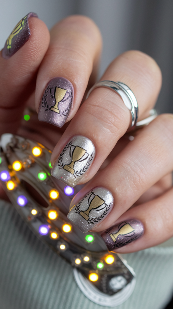 Championship-inspired nails with shimmering gold and silver accents, trophy symbols, and bright LED effects